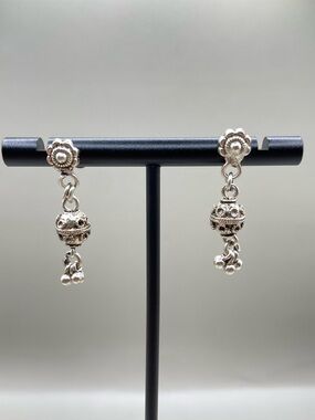 Silver Bali Style Floral Post Earrings With Ball Dangles